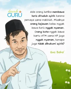 Ilustrasi refleksi Gus Baha mengenai perbandingan membawa keris dan benda modern seperti HP serta kartu ATM